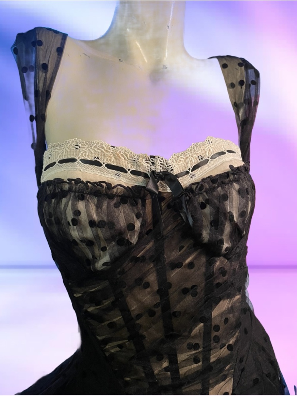 ✨NWT✨LACEMADE Dream Harbor Midnight 🖤Black Corset Sheer Polka Dot Midi Dress - Picture 2 of 16